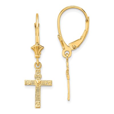 10K Yellow Gold Heart Cross Leverback Earrings