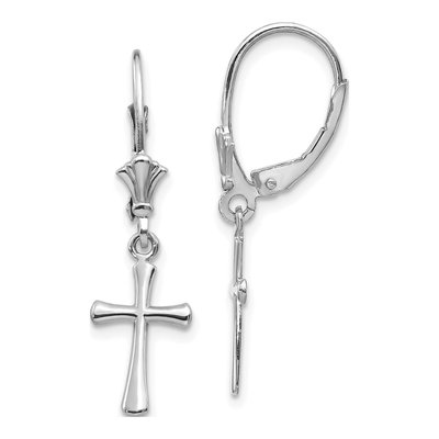10K White Gold Cross Leverback Earrings