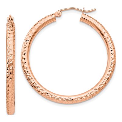 10K Rose Gold 35mm Diamond-Cut Round Hoop Earrings