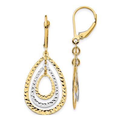 10K Two-Tone Gold Diamond-Cut Teardrop Leverback Earrings