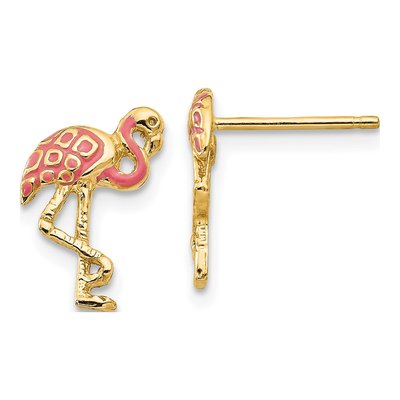 10K Yellow Gold Pink Enamel Flamingo Stud Earrings