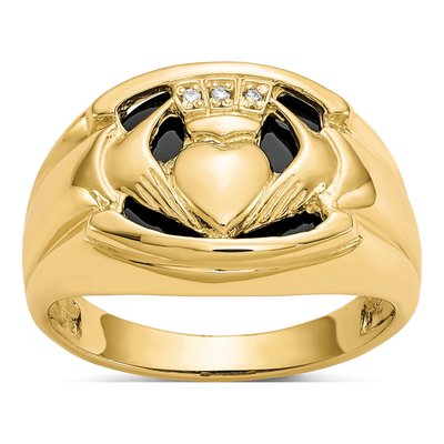 Men's 10K Yellow Gold Onyx & Diamond Claddagh Ring