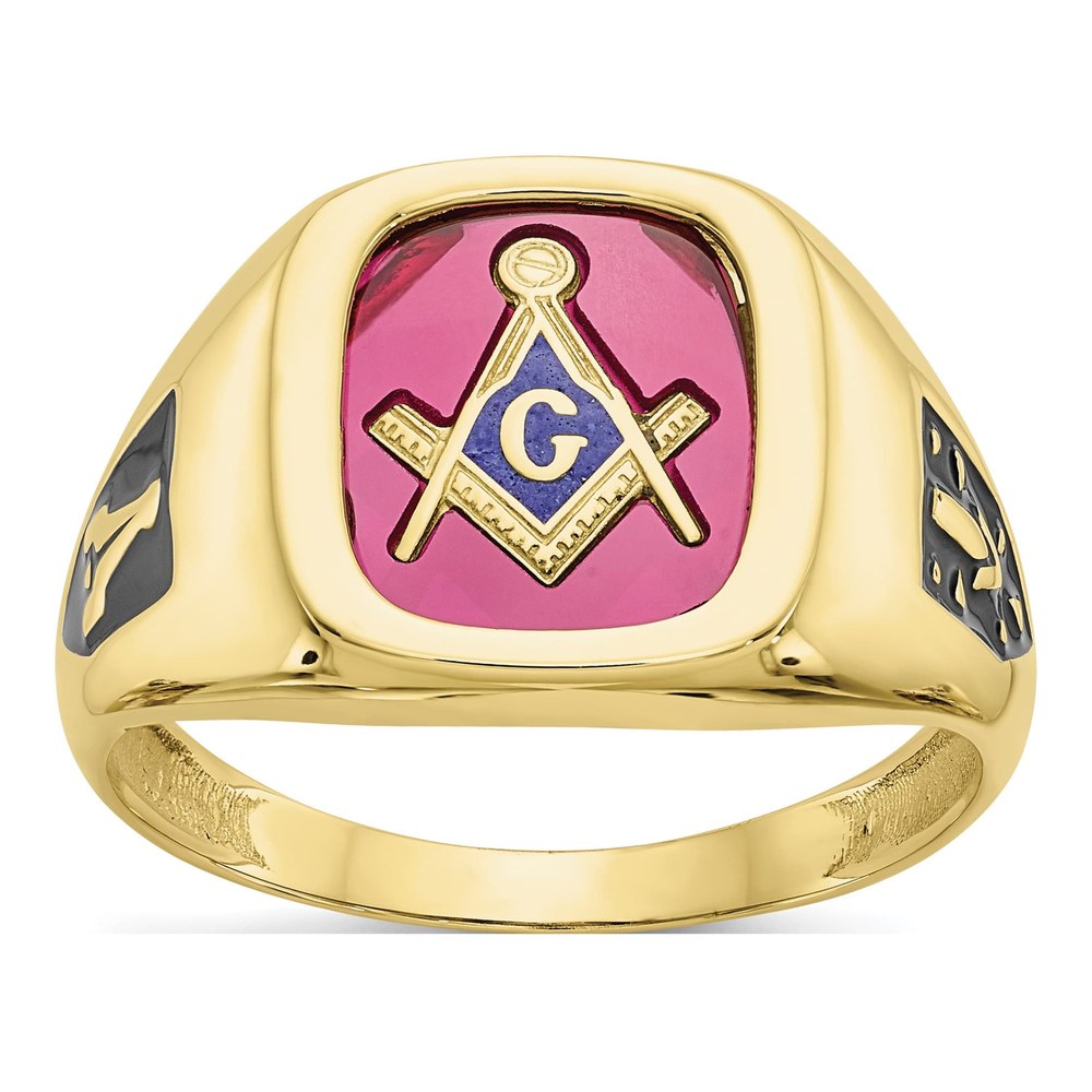 Men's 10K Yellow Gold Lab-Created Ruby Masonic Ring