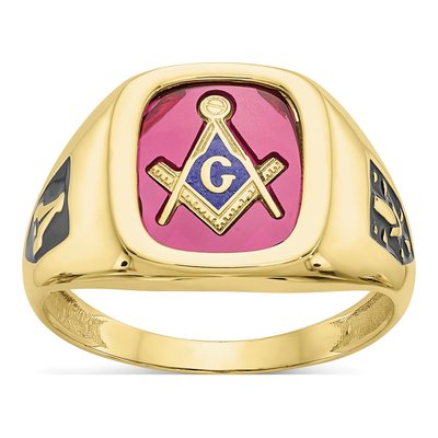 Men's 10K Yellow Gold Lab-Created Ruby Masonic Ring