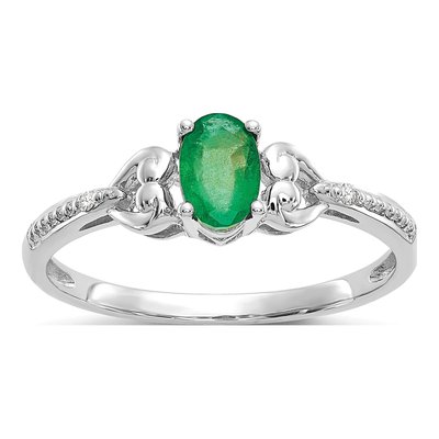 10K White Gold Emerald & Diamond Oval May Ring
