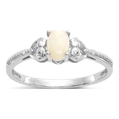 10K White Gold Opal & Diamond Oval October Ring