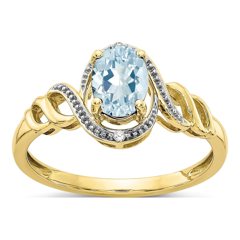 10K Yellow Gold Aquamarine & Diamond Oval March Ring