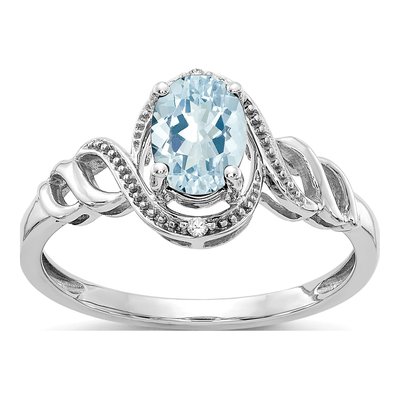 10K White Gold Aquamarine & Diamond Oval March Ring