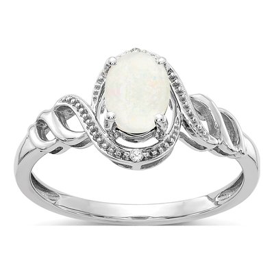 10K White Gold Opal & Diamond Oval October Ring
