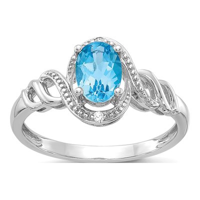 10K White Gold Swiss Blue Topaz & Diamond Oval December Ring