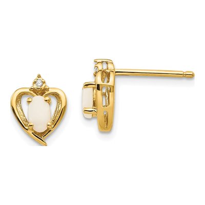 10K Yellow Gold Oval Opal & Diamond Heart Stud Earrings