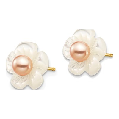 10K Gold Pink Pearl Flower Post Earrings – view 2