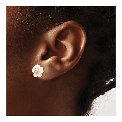 10K Gold Pink Pearl Flower Post Earrings – view 3