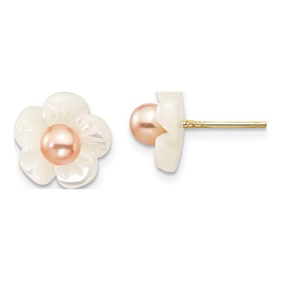 10K Gold Pink Pearl Flower Post Earrings