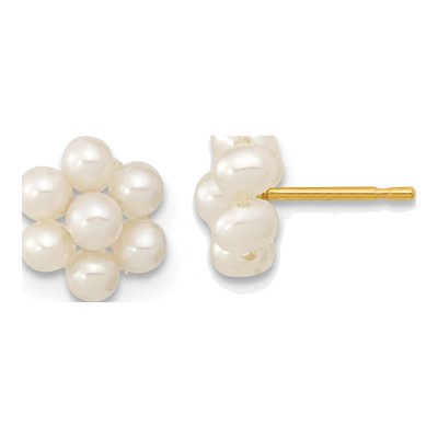 10K Yellow Gold Button Freshwater Cultured Pearl Flower Stud Earrings
