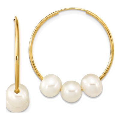 10K Yellow Gold 25mm Freshwater Cultured Pearl Endless Hoop Earrings