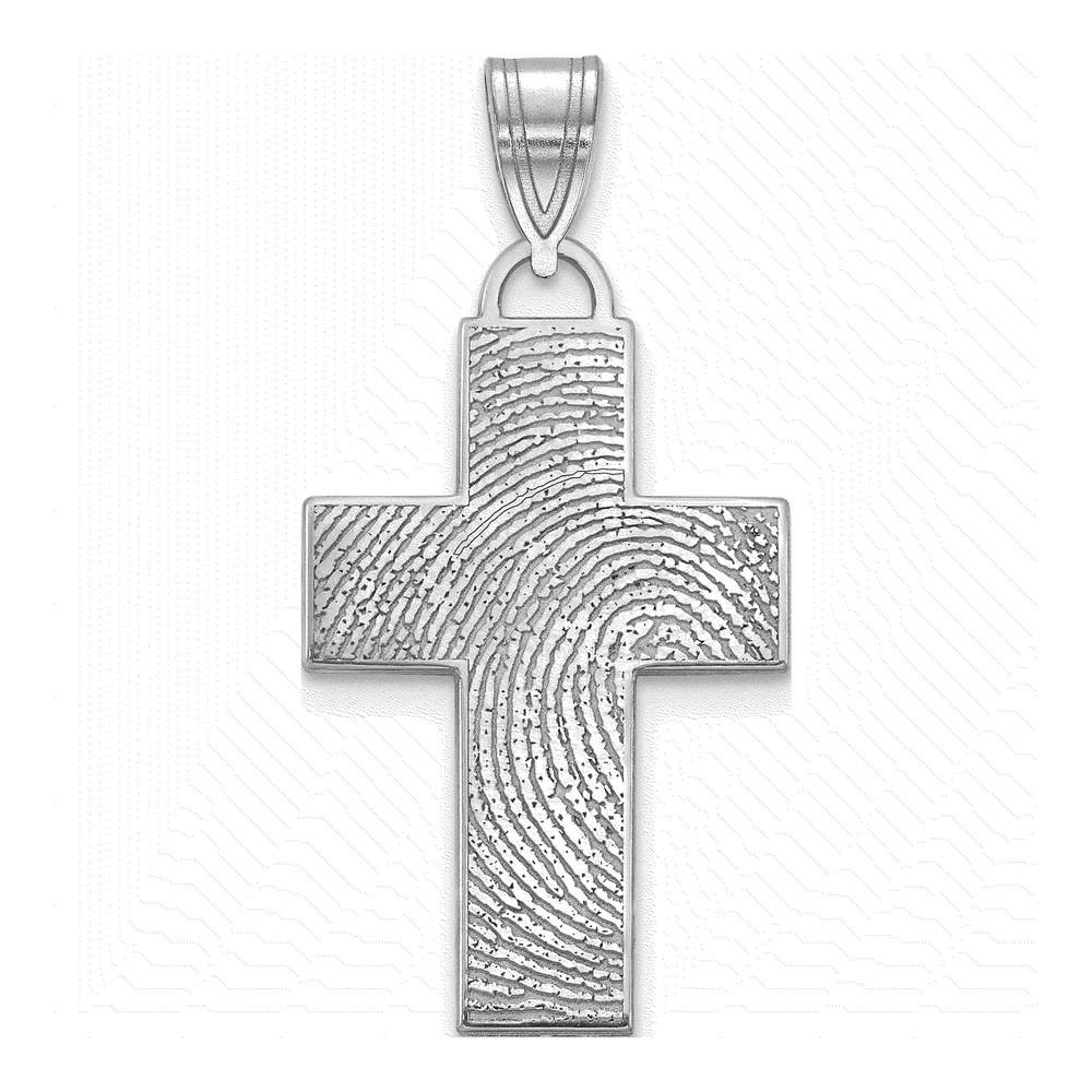 10K White Gold Large Cross Fingerprint Pendant