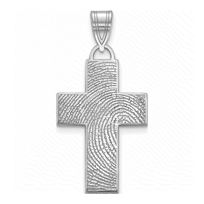 10K White Gold Large Cross Fingerprint Pendant