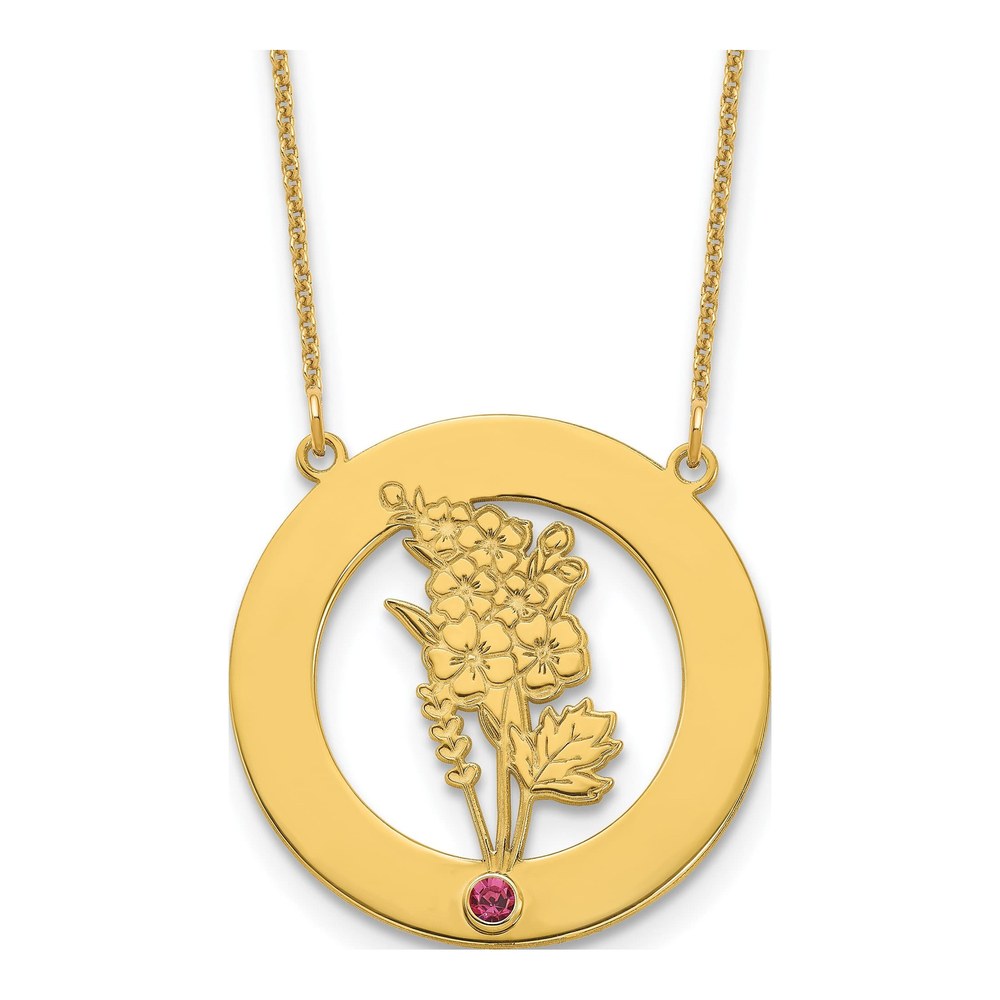 10K Yellow Gold Circle With 1 Birth Flower And Birthstone Necklace with Lobster Clasp