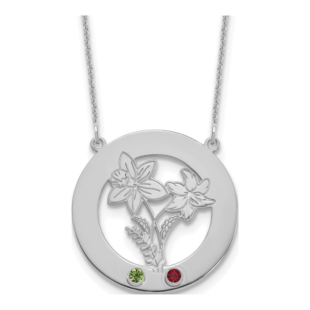10K White Gold Rhodium-Plated Circle With 2 Birth Flower And Birthstone Necklace with Lobster Clasp