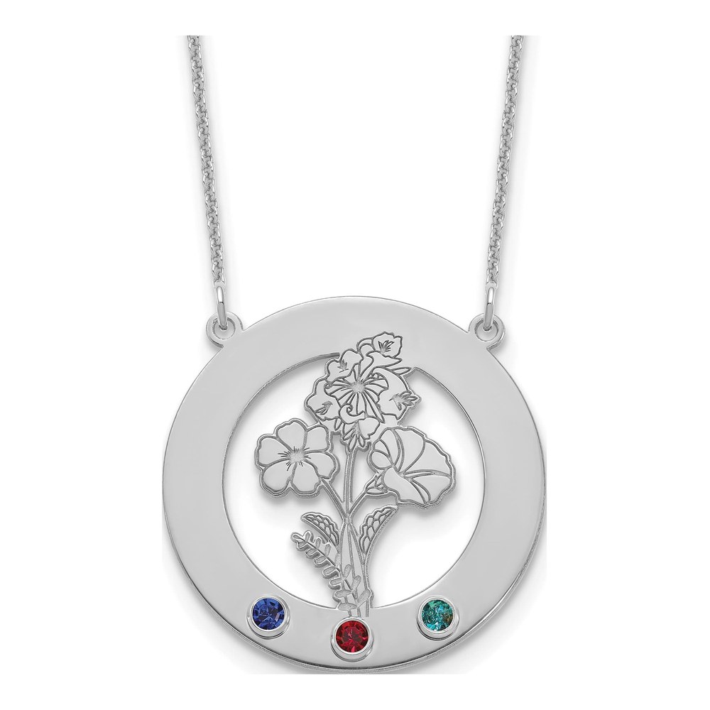 10K White Gold Rhodium-Plated Circle With 3 Birth Flower And Birthstone Necklace with Lobster Clasp