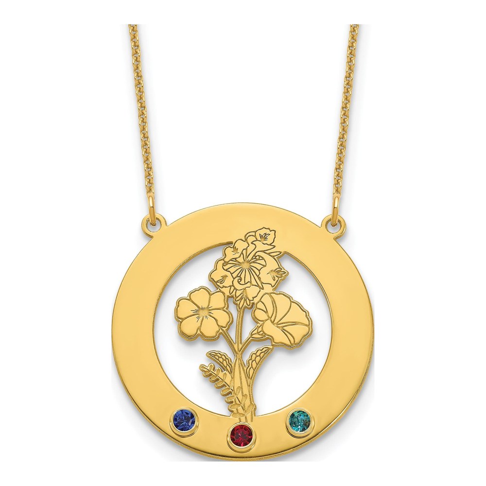 10K Yellow Gold Circle With 3 Birth Flower And Birthstone Necklace with Lobster Clasp