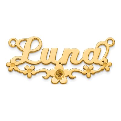 10K Yellow Gold Birthstone Flower Name Plate Pendant