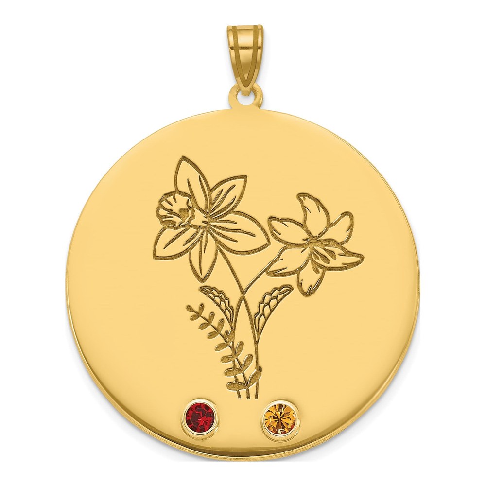 10K Yellow Gold Circle With 2 Birth Flower And Birthstone Pendant