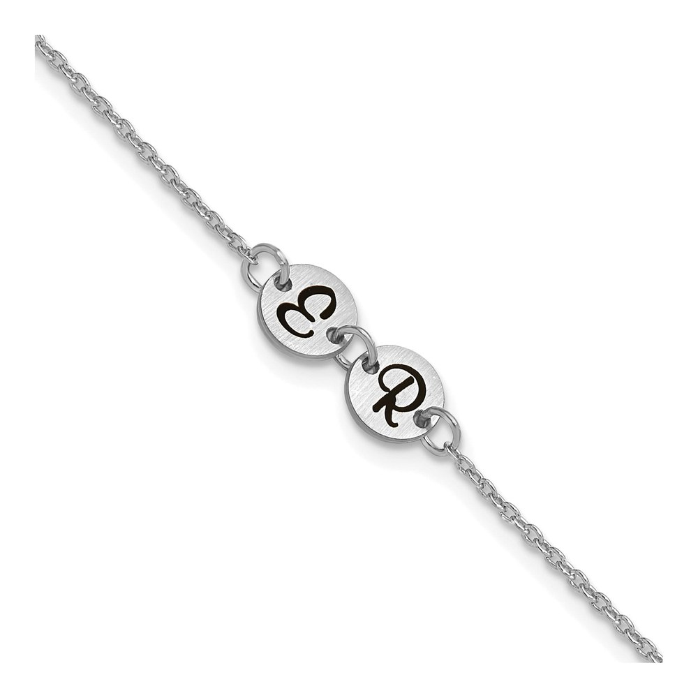 10K White Gold Rhodium-Plated 7 Inch Brushed 2 Station Disc With Epoxy Initial Bracelet