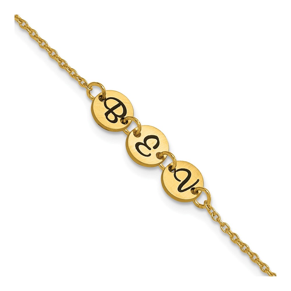10K Yellow Gold 7 Inch Brushed 3 Station Disc With Epoxy Initial Bracelet