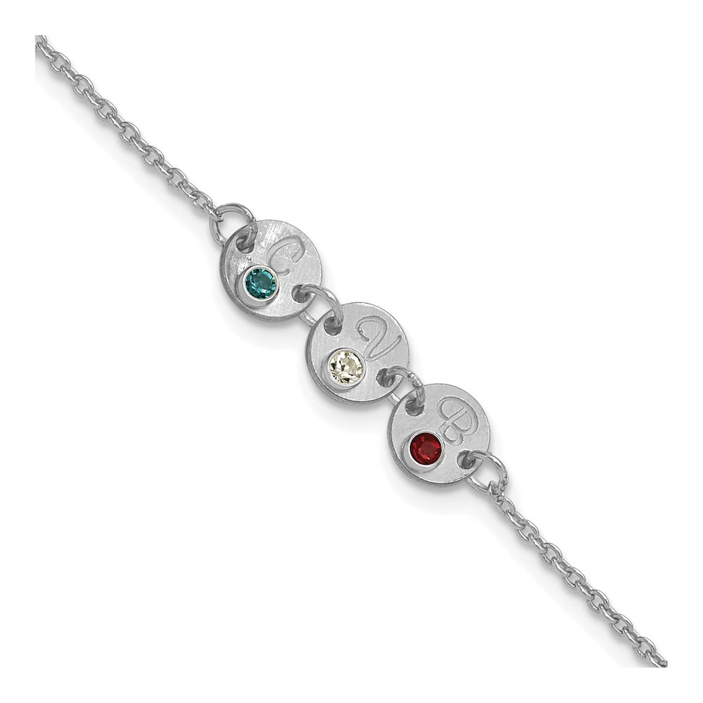 10K White Gold Rhodium-Plated 7 Inch 3 Disc With Initial And Birthstone Bracelet