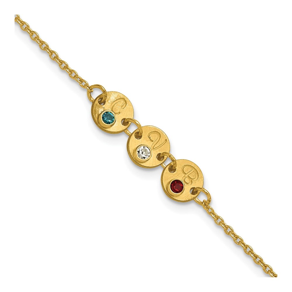 10K Yellow Gold 7 Inch 3 Disc With Initial And Birthstone Bracelet