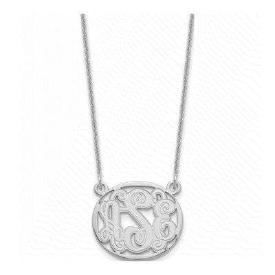 10K White Gold Etched Oval Monogram Necklace
