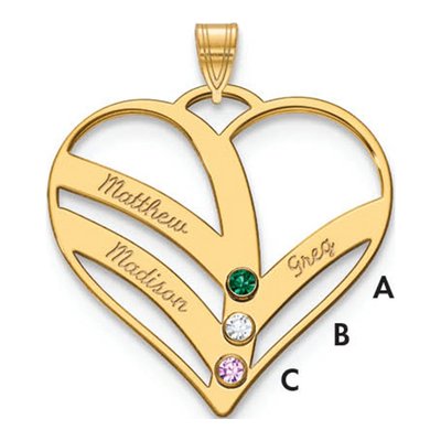 10K Yellow Gold Personalized 3-Name Birthstone Heart Pendant