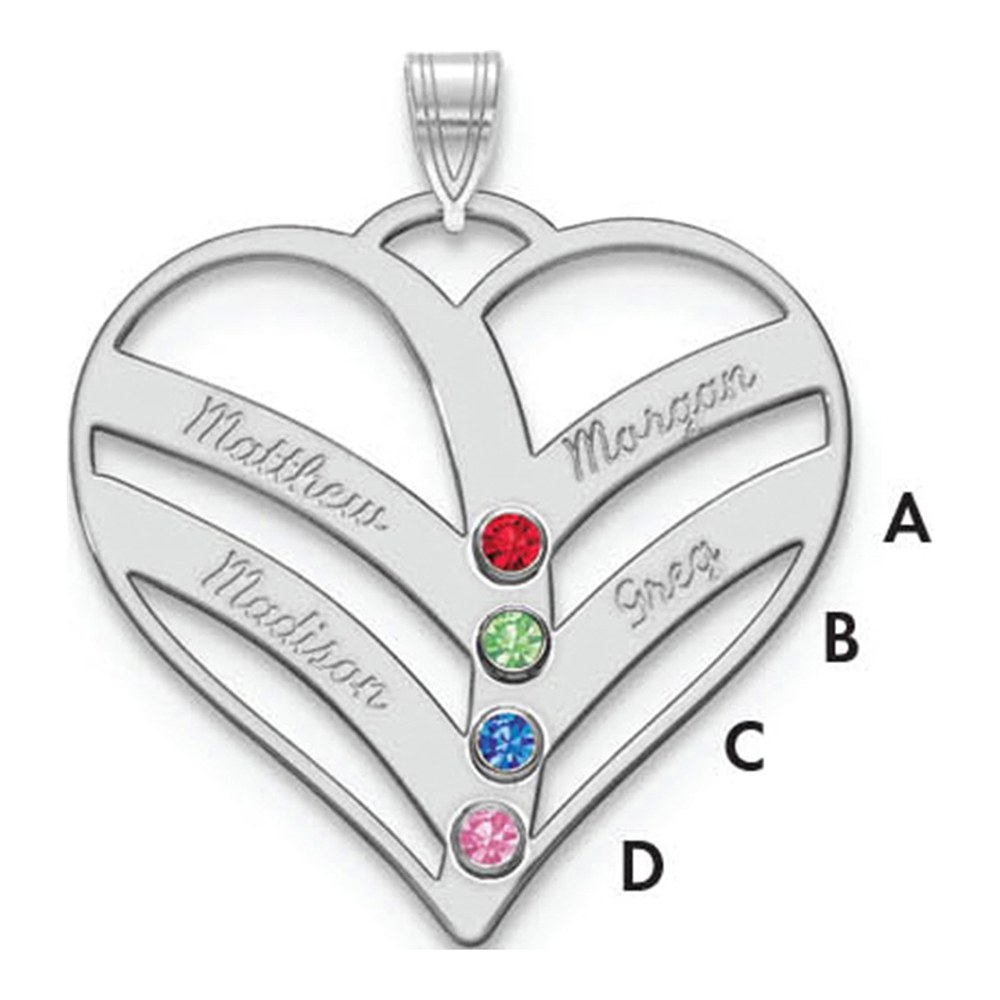 10K White Gold Personalized 4-Name Birthstone Heart Pendant