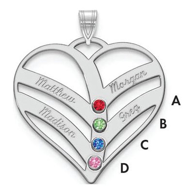 10K White Gold Personalized 4-Name Birthstone Heart Pendant