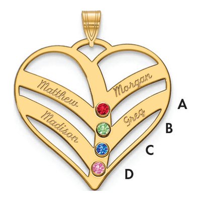 10K Yellow Gold Personalized 4-Name Birthstone Heart Pendant