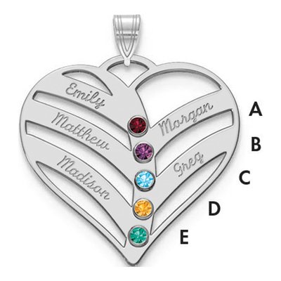 10K White Gold Personalized 5-Name Birthstone Heart Pendant