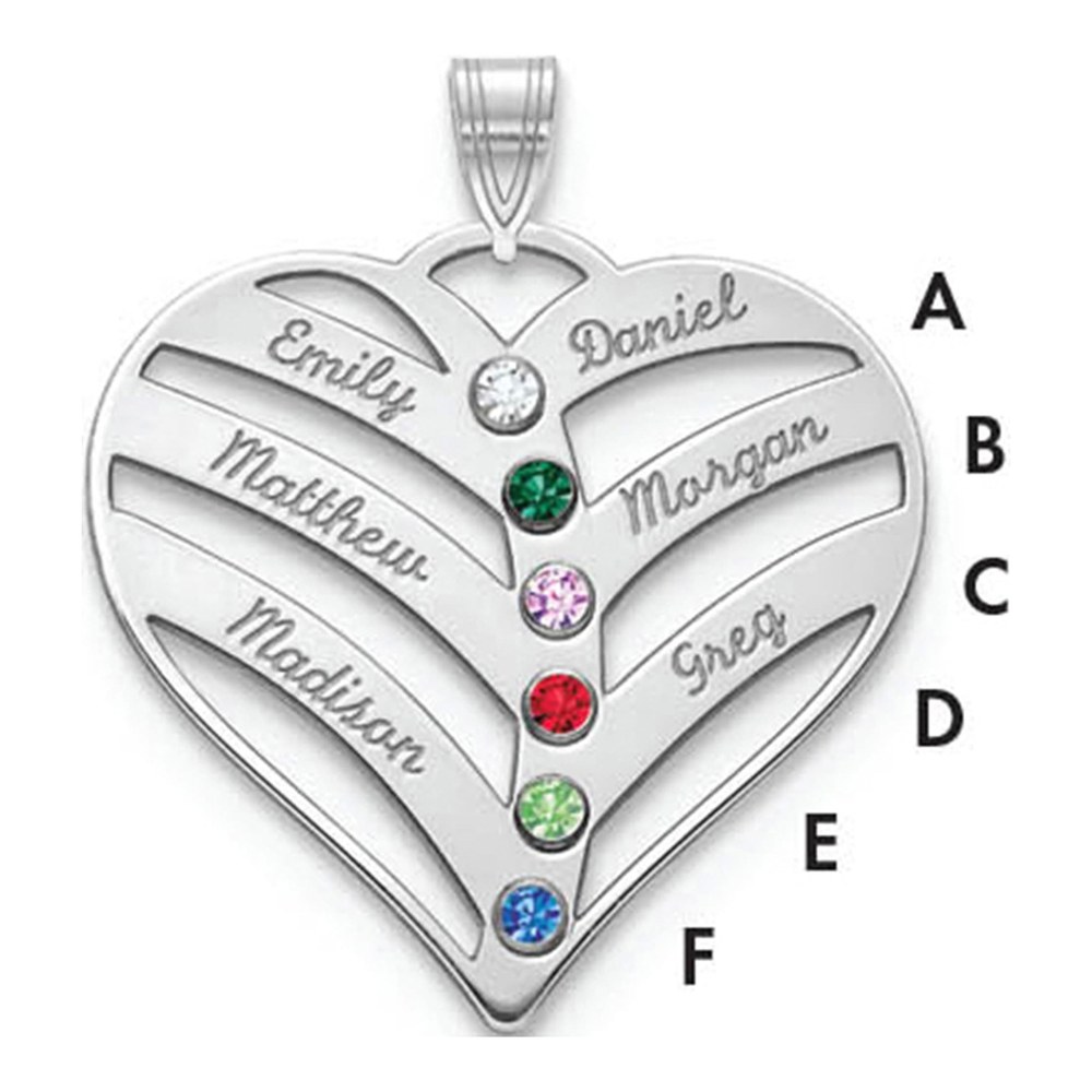 10K White Gold 10Kw 6-Name W/Birthstones W/14K Bezel Cut Out Heart Pendant