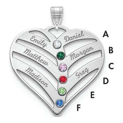 10K White Gold 6-Name Birthstones Bezel Cut Out Heart Pendant