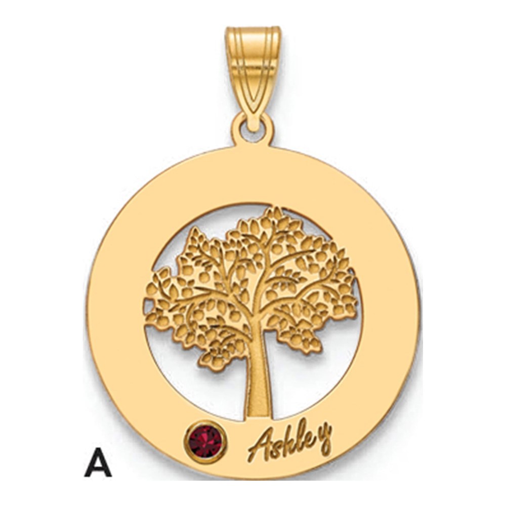 10K Yellow Gold Family Tree In Circle 1 Name And Birthstone With 14K Bezel Pendant