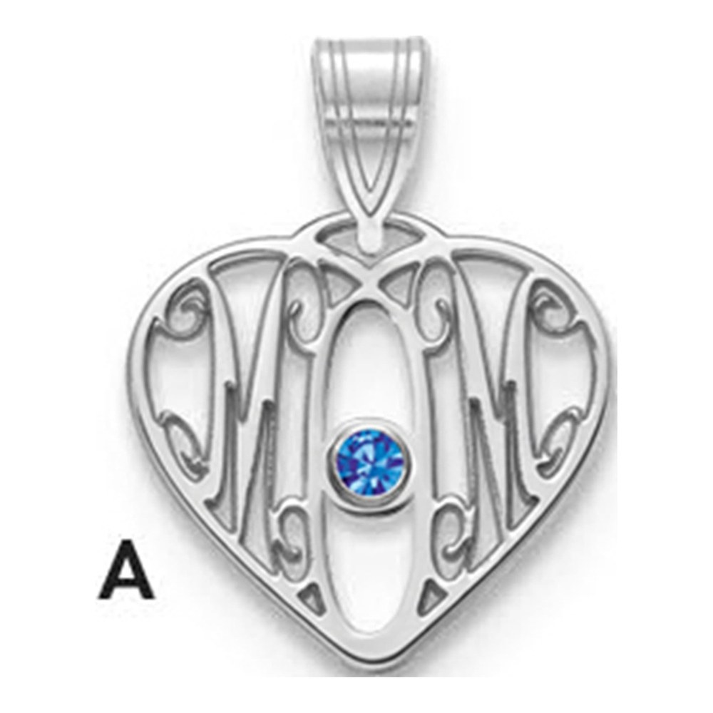 10K White Gold 10Kw Mom In Heart 1 Birthstone W/18K Rhodium Plated Bezel Pendant