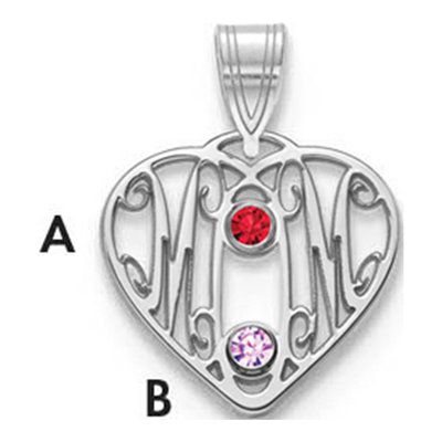 10K White Gold Mom Heart 2-Birthstones Bezel Pendant