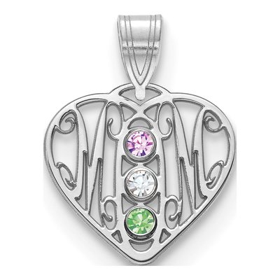 10K White Gold Mom Heart 3-Birthstones Bezel Pendant – view 2