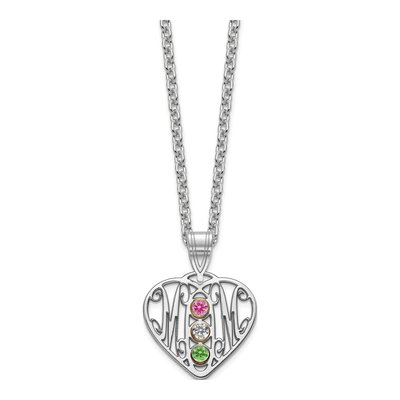 10K White Gold Mom Heart 3-Birthstones Bezel Pendant – view 3