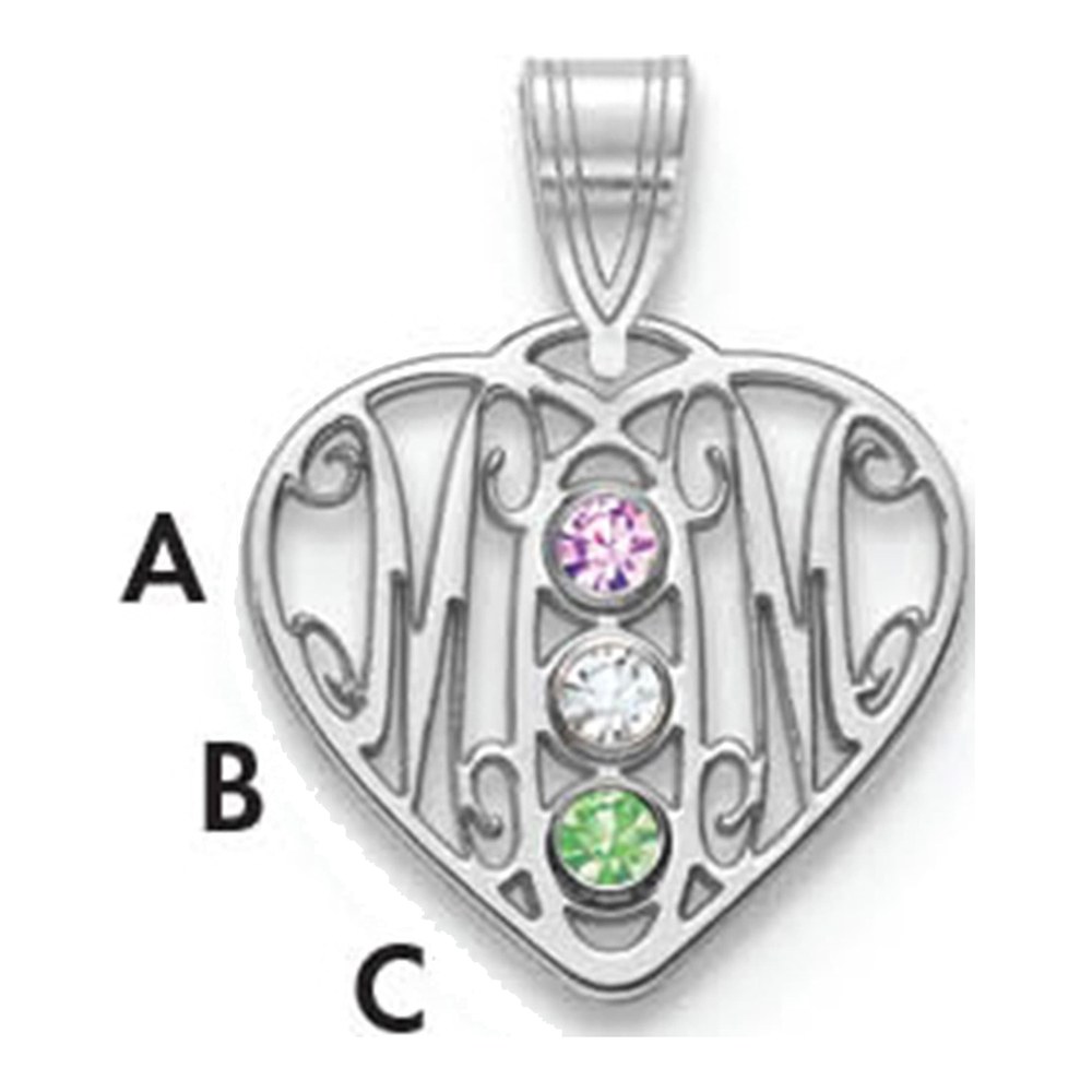 10K White Gold 10Kw Mom In Heart 3 Birthstones W/18K Rhodium Plated Bezel Pendant