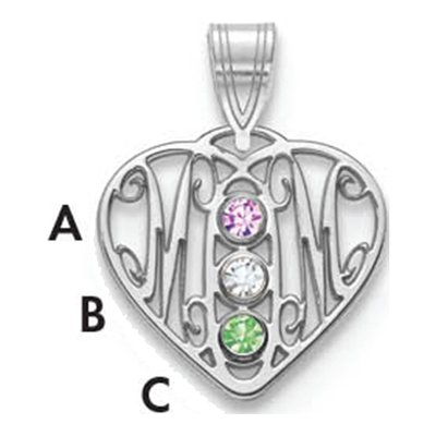 10K White Gold Mom Heart 3-Birthstones Bezel Pendant