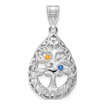 10K White Gold 2-Birthstone Tree of Life Tear Drop Pendant