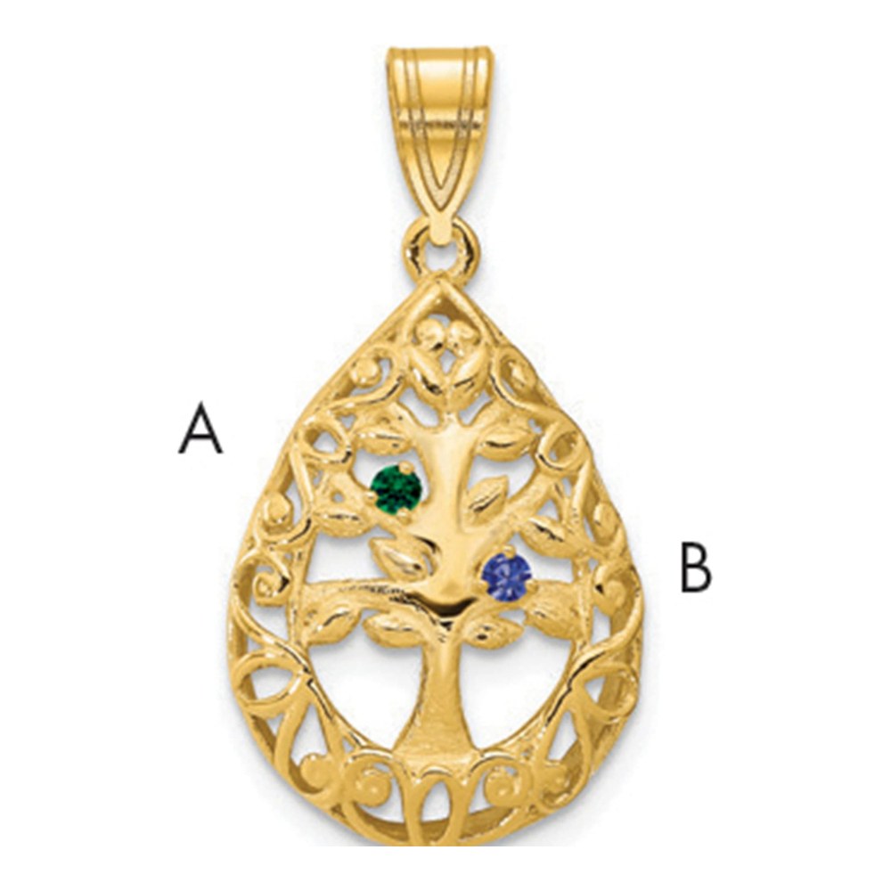 10K Yellow Gold 2 Birthstone Tree Of Life Tear Drop Pendant