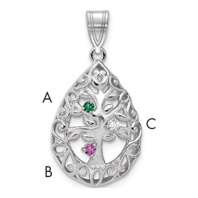 10K White Gold 3-Birthstone Tree of Life Tear Drop Pendant – view 4